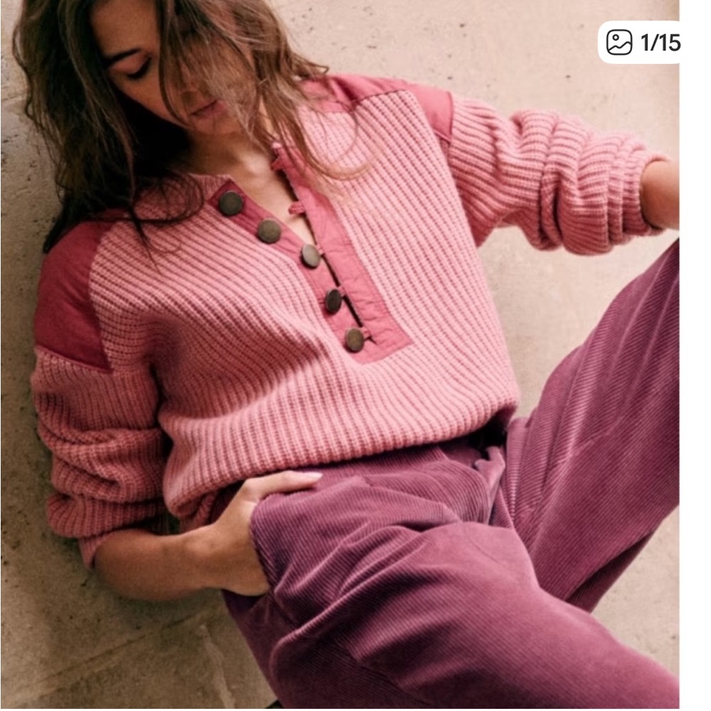 Sézane Pink Wool Cotton Sweater Quater Button Pull Ewen Jumper Rosewood Color - Picture 1 of 10